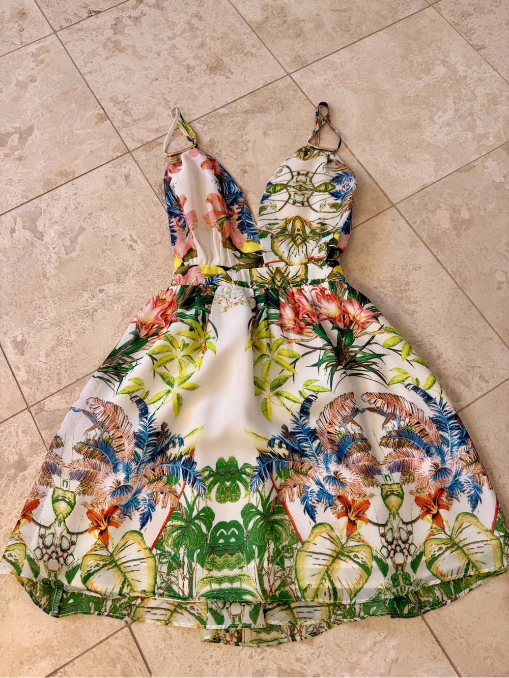 Mustard Seed White Dress with Green & Orange Tropical Print